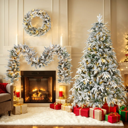 Christmas Snow Flocked Wreath with Xmas Snow Garland and Snow Xmas