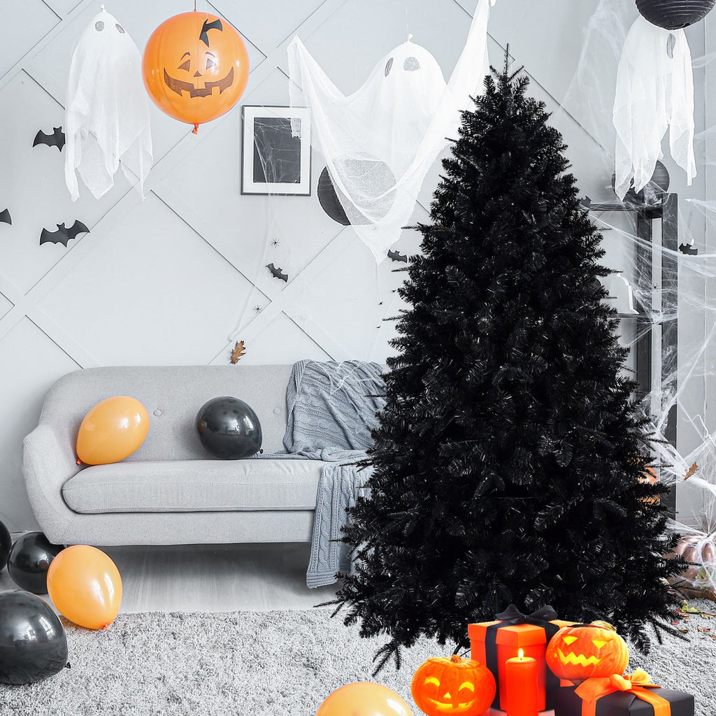 8ft Black Christmas Tree with 600 White LED Lights, 2486 Tips PE+PVC