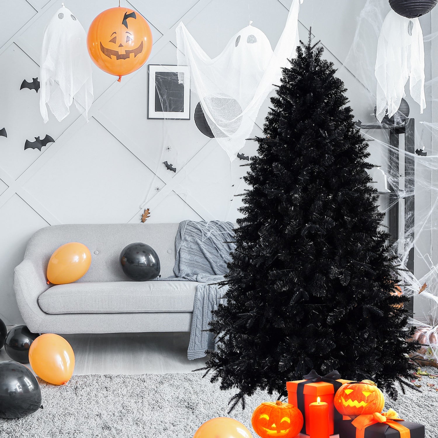8ft Black Christmas Tree with 600 White LED Lights, 2486 Tips PE+PVC