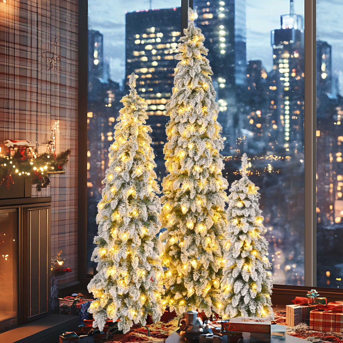 8FT, 6FT, 4FT Pre-Lit Pencil Christmas Trees, 3-set Slim Artificial