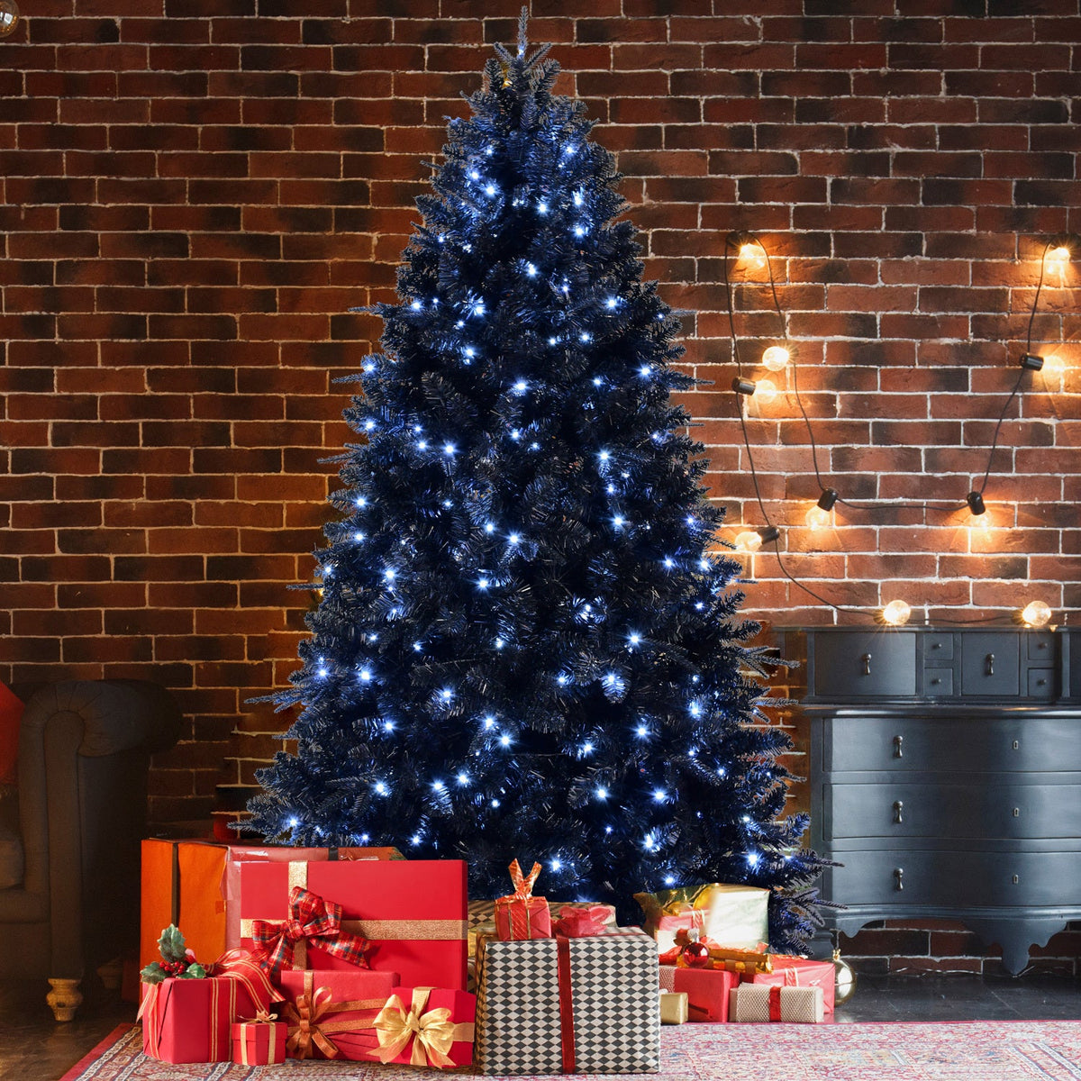 8ft Black Christmas Tree with 600 White LED Lights, 2486 Tips PE+PVC