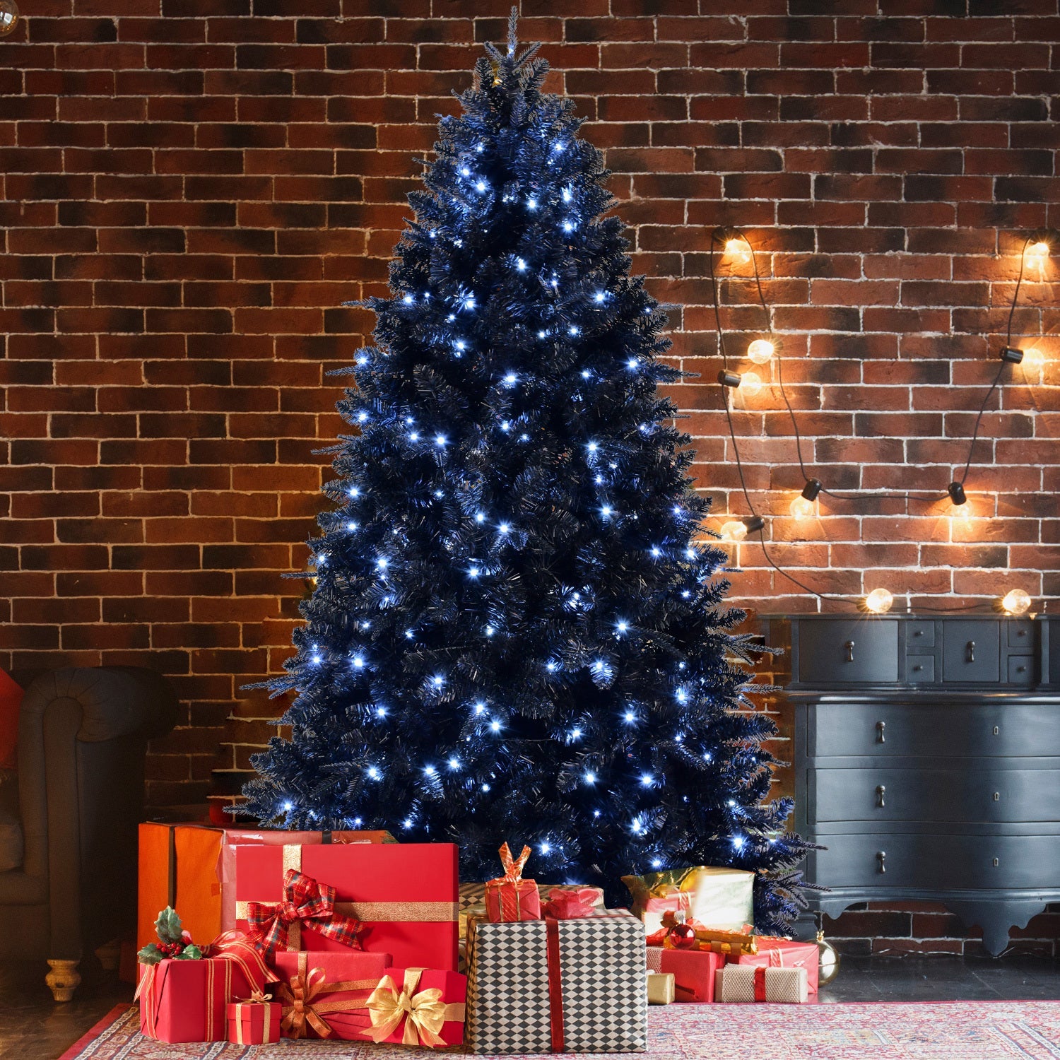 8ft Black Christmas Tree with 600 White LED Lights, 2486 Tips PE+PVC