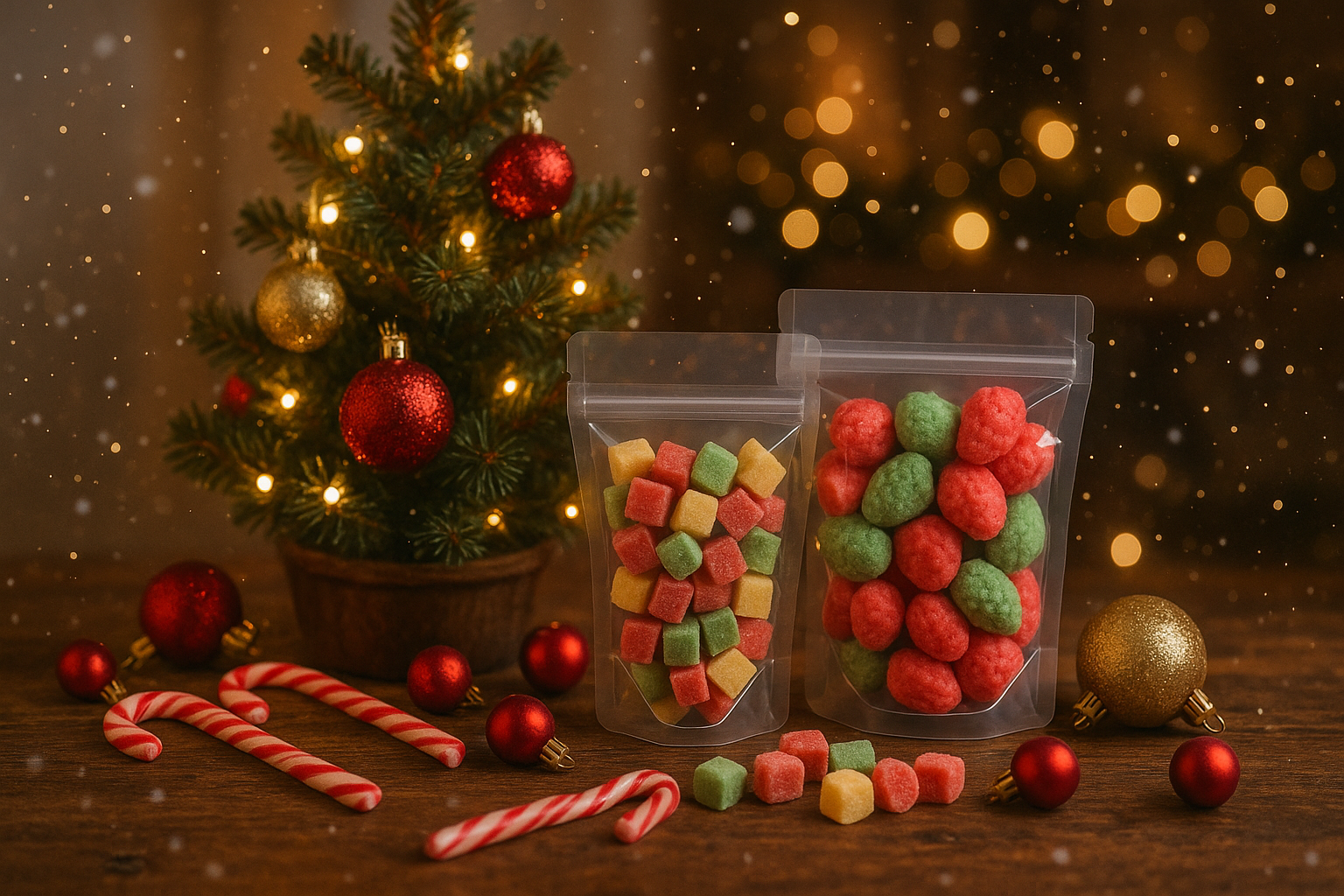 “A cozy Christmas scene with soft glowing lights, a decorated mini Christmas tree on a wooden table, red and gold ornaments, scattered peppermint candy canes, and festive freeze-dried candies in clear bags. Warm holiday tones, sparkles of light, gentle snowfall in the background, cozy home aesthetic.
