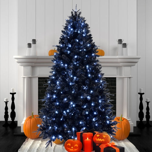 8ft Black Christmas Tree with 600 White LED Lights, 2486 Tips PE+PVC